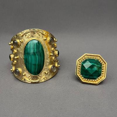 Gold Tone Malachite Cuff Bracelet And Adjustable Ring In Make A Statement Size !