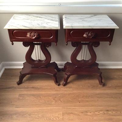 Pair of Mahogany Lyre Tables with Rose accent handles, marble top
