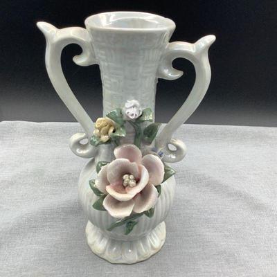 Iridescent Double Handled Vase With Delicate Flower Applique