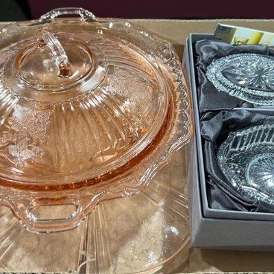 Pink Depression glass and crystal