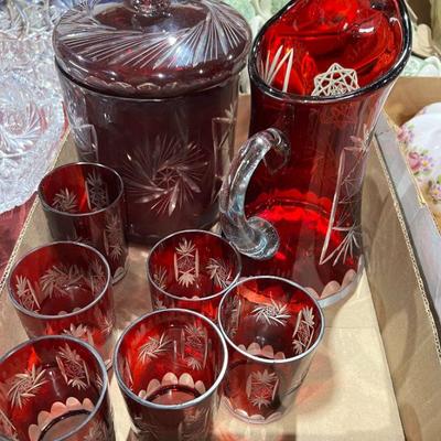 Cranberry cut to clear biscuit jar, pitcher and cups