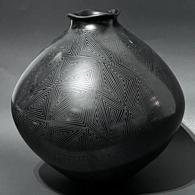 Mata Ortiz Black Ware Pottery- Etched Native American Vase w/ Geometric Design