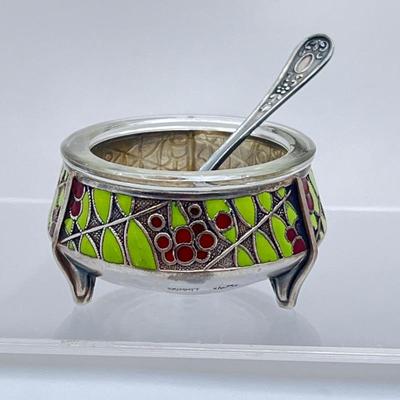  Vintage Russian Enameled Salt Cellar with Small Spoon