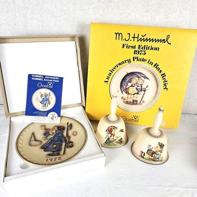 Set of Four Vintage Goebel Hummels w/ Original Boxes - 1970s Anniversary Plates Plus Two Porcelain Bells 