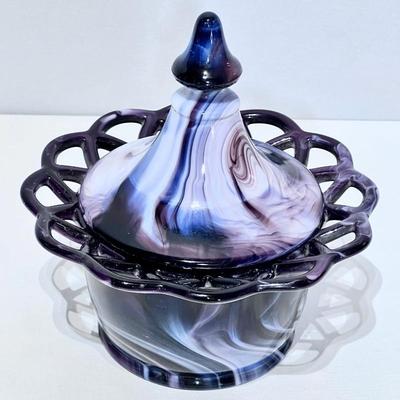 Imperial Glass Purple Slag Glass Open Lace Rim Candy Trinket Jewelry Dish w/Lid