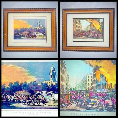 Set of 2 Firefighting Themed Framed Prints - N. Currier 