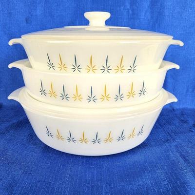  Set of Vtg 1960s Anchor Hocking Fire King Atomic Candle Glow Gold/Blue 473 - Two Casseroles, One Pie Dish