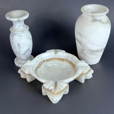 Elegant Marble Decor Lot - Two Vases and Bowl/Ashtray with Detailed Etched Design