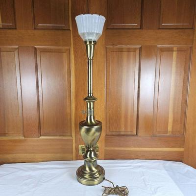 Vintage Brass Torchiere Table Lamp with white Glass Shade - Possibly Stiffel Brand. 35