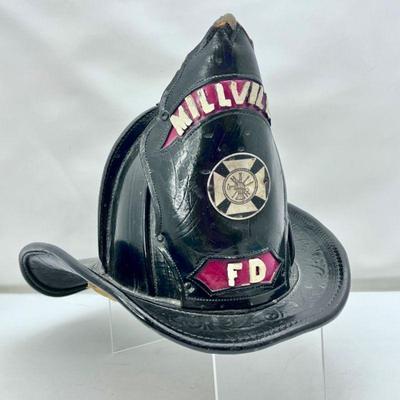 Vintage Cairns Black Leather w/ Eagle Front Firefighter Helmet - Authentic Millville FD Leatherhead