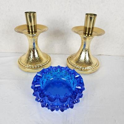 Vintage Fenton Colonial Blue Hobnail & Spike Small Round Ashtray Plus Two Brass Candlestick Holders