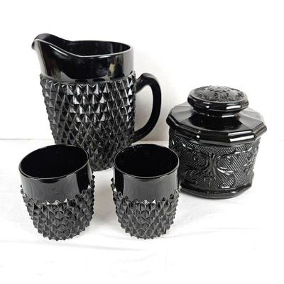  Set of Art Deco Indiana Glass Black Tiara Diamond Water Pitcher, Water Goblets and Lidded Canister