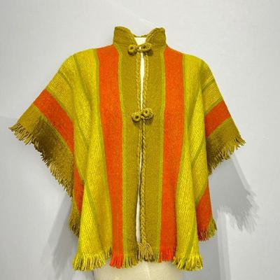 Vibrant Vintage Wool Poncho - Bold Stripes and Fringe Design, Handcrafted in Colombia