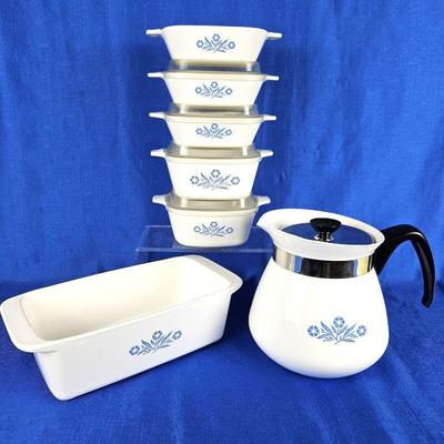 Vintage Corningware Essentials in Cornflower Blue - 9 x 5 Loaf, 2 QT Coffee Tea Pot, Five Small Casseroles