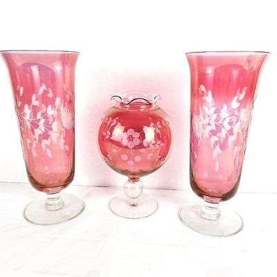 Set of Three Victorian Cranberry Glass Footed Etched Vases (2) 10