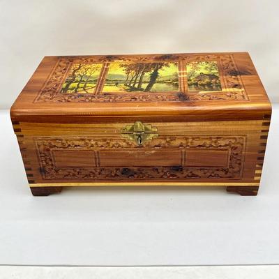 Hand Carved Vintage Cedar Jewelry Box with Mirror, Decoupage Fall Trees On Top Of Lid, Tongue and Grove Corners