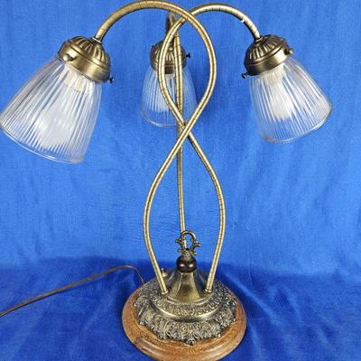 Vintage Art Deco Swan Neck Lamp With 3 Glass Shades in Antique Brass Tones on Oak Base