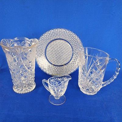 Set of Etched and Cut Crystal Essentials, Vase, Water Pitcher, Serving Plate & Tiffen Creamer w/ Etched Roses