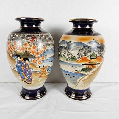 Pair of Vintage Decorative Japanese Vases with Cultural Depiction - Dk Blue with Gilded Accents - 10