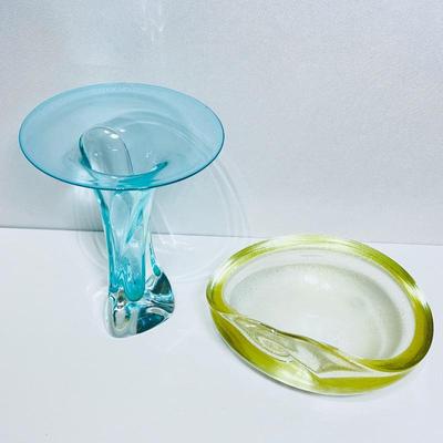 Elegant Glass Decor Lot - Vintage Blue Art Glass Vase & Gold Swirled Glass Bowl