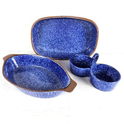 Set of Three Blue Sponge Style Glazed Ceramic Serving Dishes