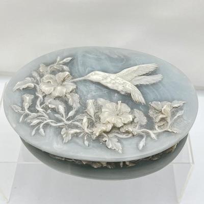 Light Blue Incolay Stone Victorian Style Floral and Hummingbird Motif Oval Jewelry or Trinket Box