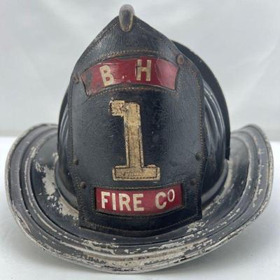 Authentic Vintage Fireman's Service Helmet- Aluminum Headgear with B.H -#1 Fire Co Badge