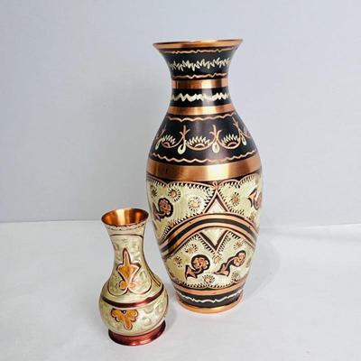 Beautiful Pair of Traditional Etched Turkish Copper Vases- craftsmanship with this set of two decorative etched metal vases