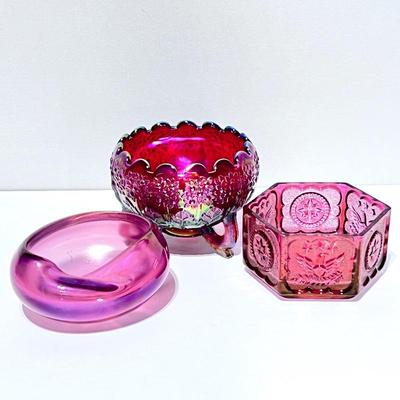 Vintage Pink Glass Decorative Lot - Fenton Plum Rose Bowl, Tiara Glass Dusty Rose Bowl, Vintage Pink Ashtray

