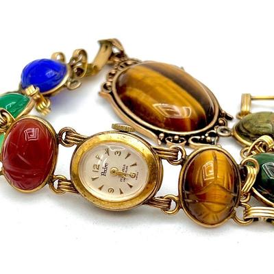  Antique Pedre 17 Jewels Swiss Watch-12k Gold Filled- Scarab Band w/ Semi-precious Stones