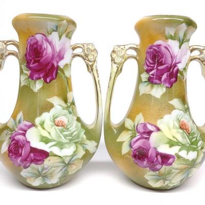 Pr of Nippon Pink & White Rose Vases
