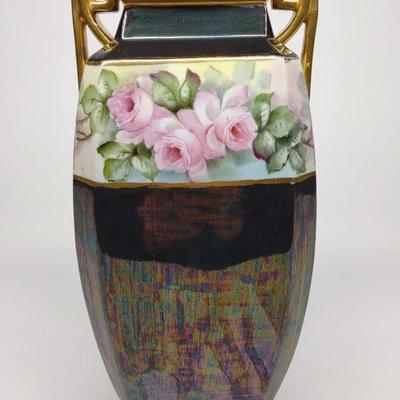 Nippon Iridescent Black Floral Rose Vase