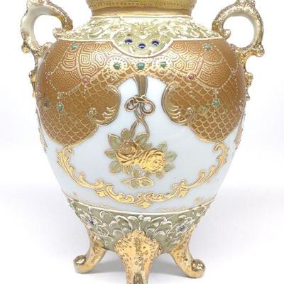 Nippon Moriage Jeweled Gold Footed Vase