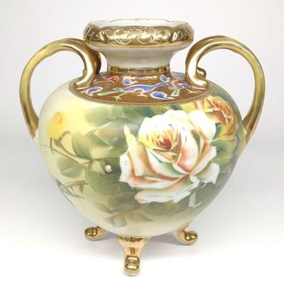 Nippon Peacock & Floral Rose Footed Vase
