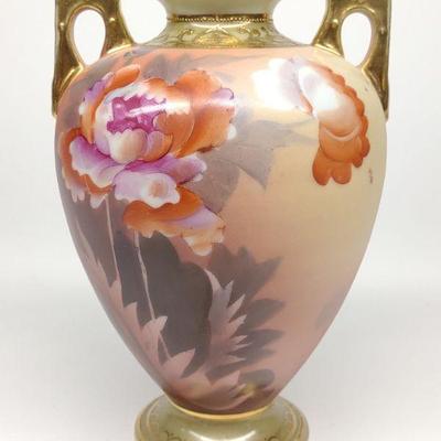 Nippon Red & Pink Floral Porcelain Urn Vase