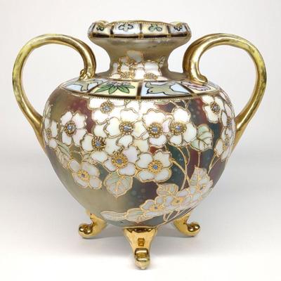 Nippon Floral Cherry Blossom & Gold Footed Vase