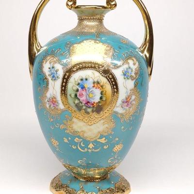 Nippon Teal Blue & Gold Floral Rose Vase