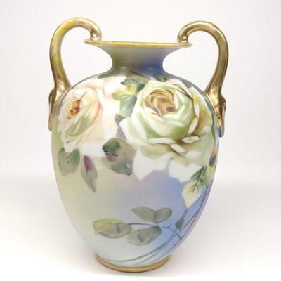 Nippon White Rose Floral Double Handle Vase