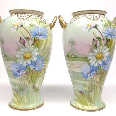 Pr of Nippon Floral Daisy Landscape Vases