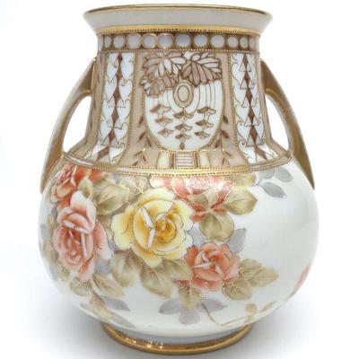 Nippon Red & Yellow Rose Porcelain Vase