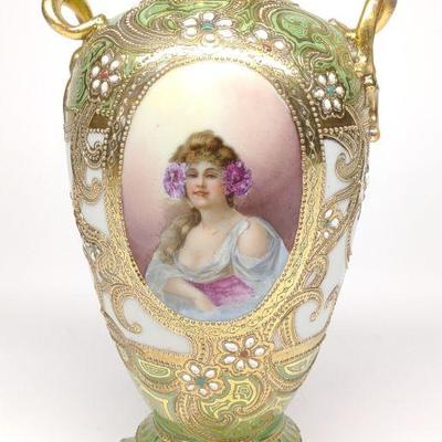 Nippon Portrait Of Woman Jeweled Urn Vase