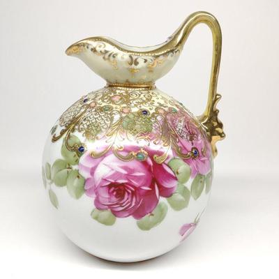 Nippon Jeweled Floral Rose Ewer / Pitcher