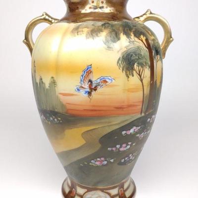 Nippon Butterfly Landscape Scene Painted Vase