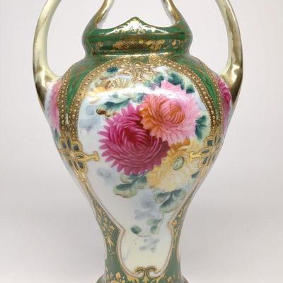 Nippon Green & Gold Floral Painted Vase