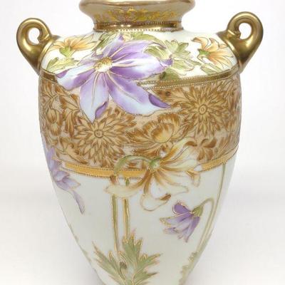 Nippon Scroll Handled Purple & Gold Flower Vase