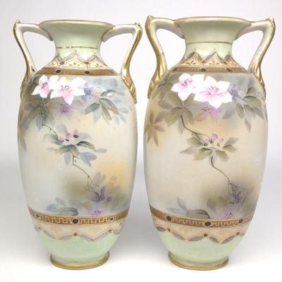 Pr of Nippon Pink Flower Gold Accent Vases