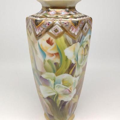 Nippon Floral Painted Hexagonal Vase