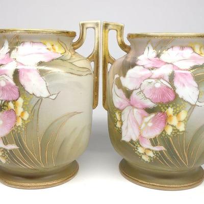Pr of Nippon Pink Bell Flower Shaped Vases