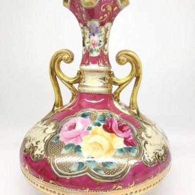 Nippon Floral Burgundy & Gold Squatted Vase