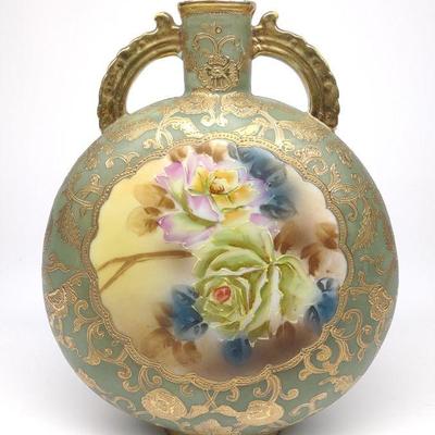 Nippon Green & Gold Floral Rose Ovoid Vase
